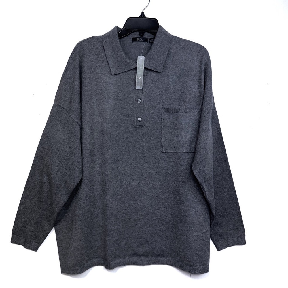 RDI Sweater Mens Medium Grey Collared Pullover Polo Soft Knit Long Sleeve Size L